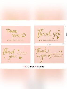 100 Pink Thank You Cards Gold Foil Small Business Insert Cards 3.5 x 2.14